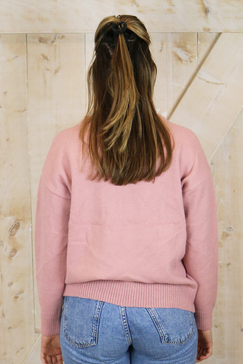 achterkant van roze trui