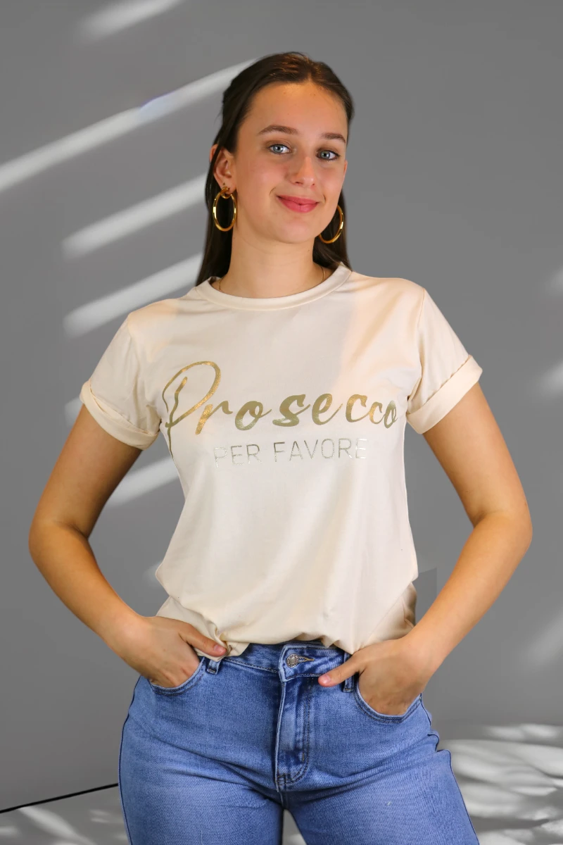 beige tshirt gouden opdruk