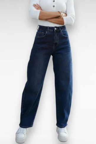 blauwe barrel jeans