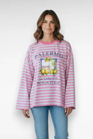 Streep Sweater Opdruk Roze Blauw