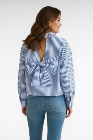 Blouse strepen Strik Licht Blauw