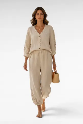 Alternative view of Linnen Pof Broek Broderie Beige