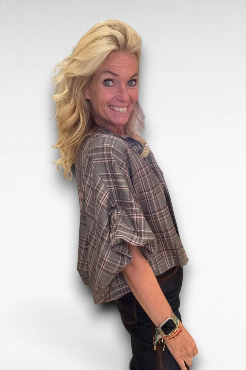 Grijs Rood Geruite Blouse - Afbeelding 3