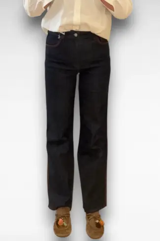 donker blauwe jeans met bies