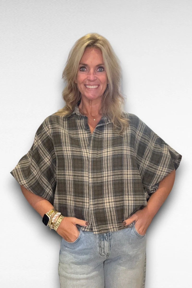 geruite taupe groene blouse