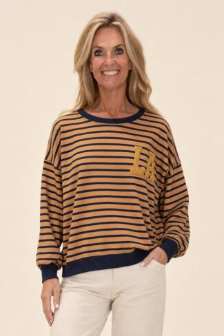 Streep Sweater Blauw Cognac – voorkant