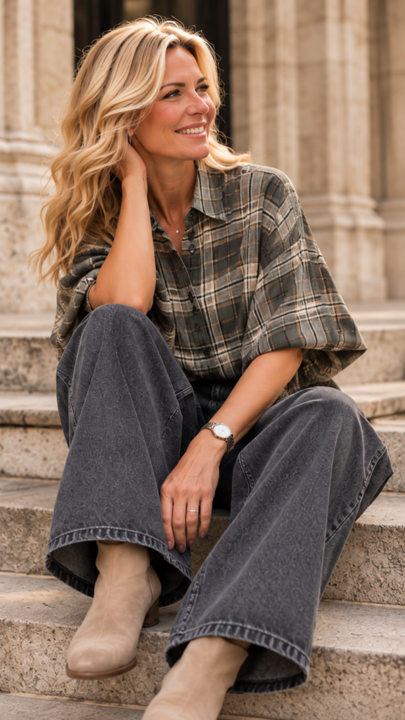 Geruite blouse taupe – zittend gestyled